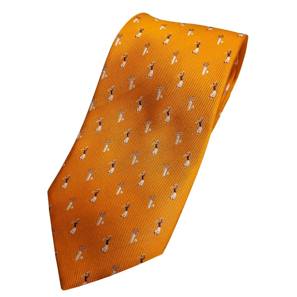 Beau Brummell SOHO 100% Silk Mens Tie Orange Golf Player Pattern Tailored